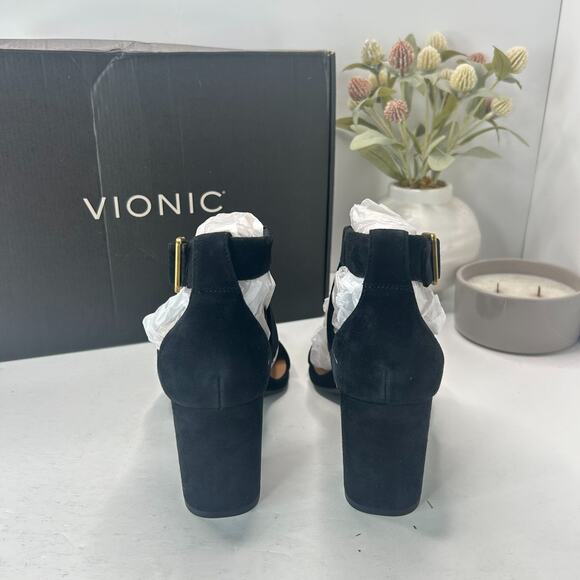 Vionic Marsanne Heeled Sandals Suede Black I8676T2002 Women's 9 Wide Tried On - Picture 2 of 10